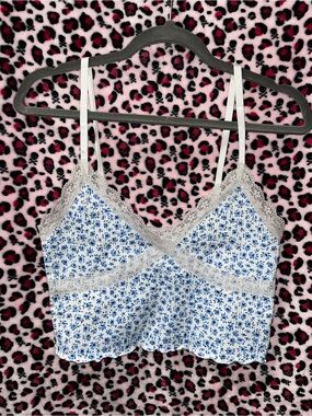 H&M Blue Floral Lace-Trim Bandeau Cami
